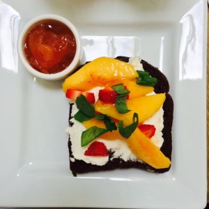 Ricotta with fresh peaches and strawberries with a side of scrumptious homemade peach jam by Chef Erin