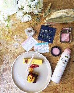 Dessert, Dove Dry Spray Deodorant (in my fave, Beauty Finish), my picks for beauty and fashion trends and a glass of bubbly, of course...